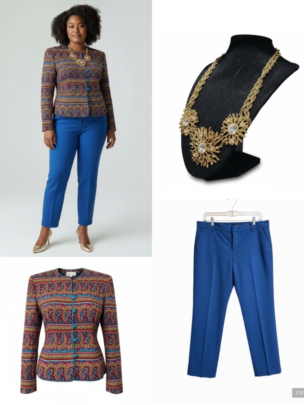 Vintage Silk Paisley Jacket Set | Adrianna Papell + Blue Pants + KJL Necklace